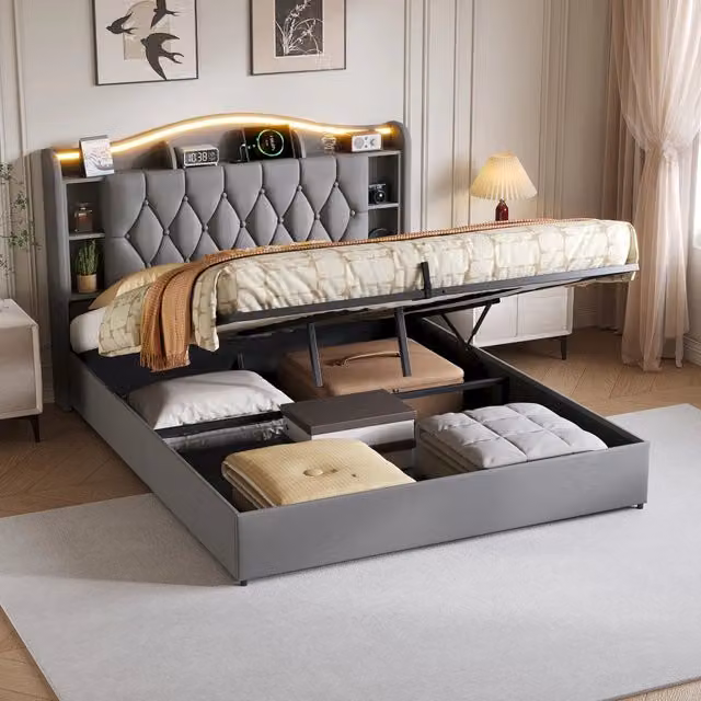 Letto matrimoniale con contenitore 140x200 cm imbottito con testiera portaoggetti LED USB Type-C alzata idraulica in velluto - grigio