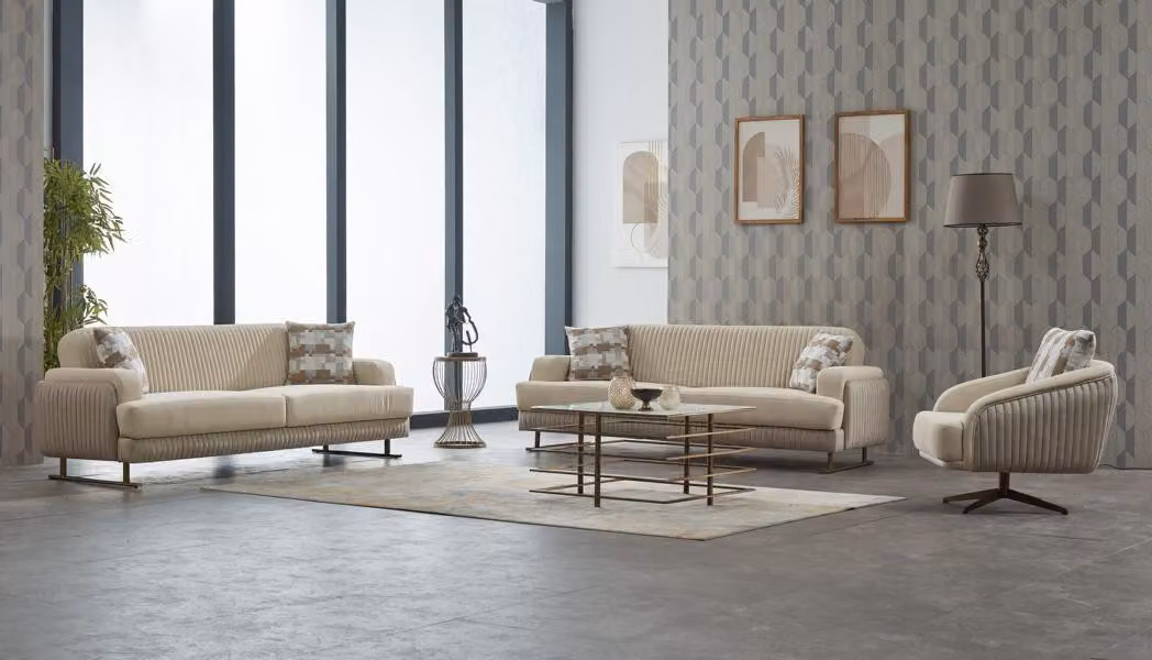 Couchgarnitur Polstersofa Dreisitzer Stoff Beige Set 3tlg Couch Sessel