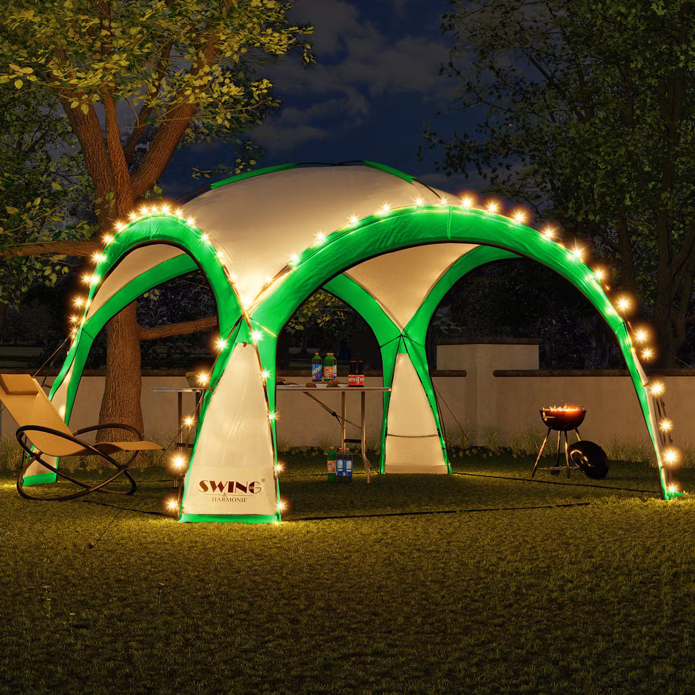 Padiglione per eventi a LED XXL DomeShelter 450cm giardino incl. pannello solare tenda da giardino di design tenda da campeggio per feste con illuminazione - verde