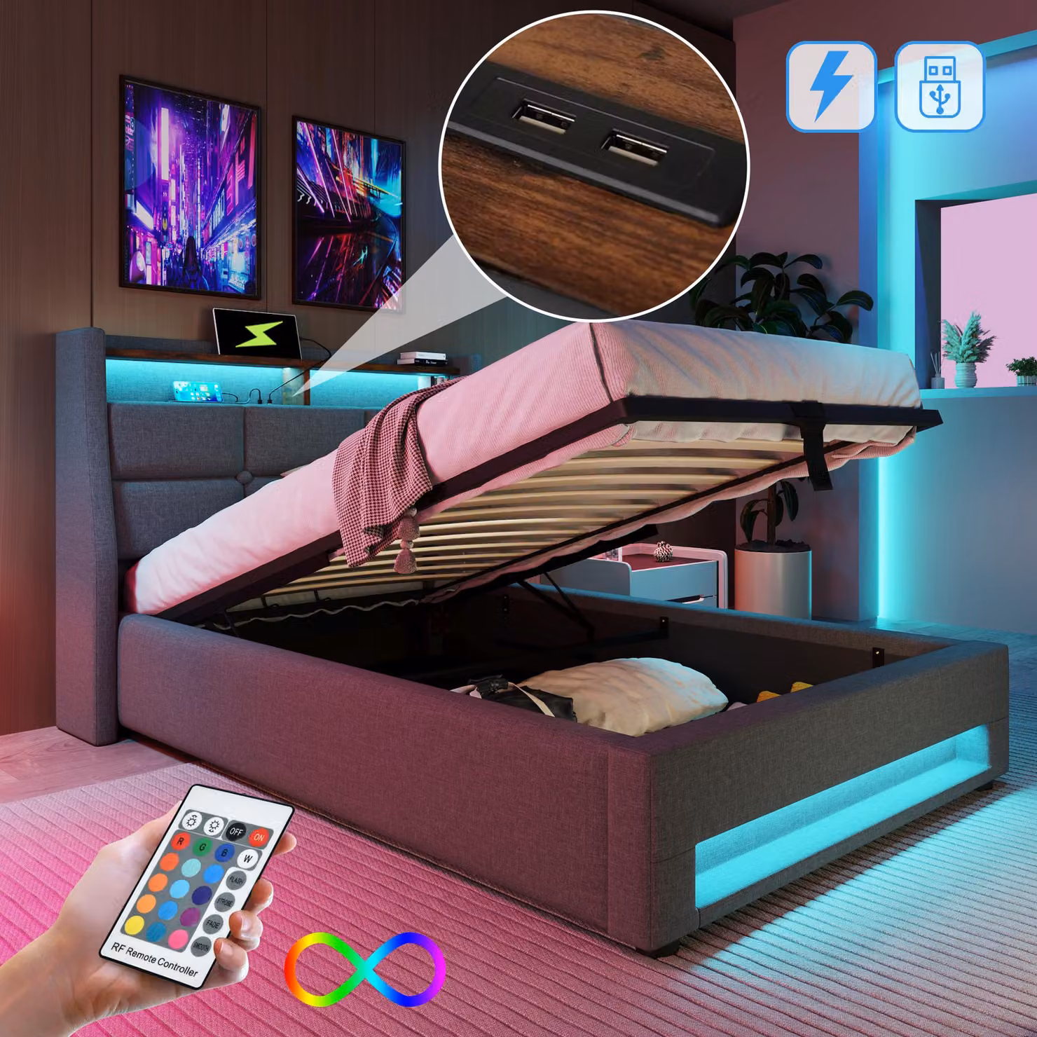 Letto imbottito 90x200 cm con LED, 2 porte USB e spazio contenitore, rete a molle rialzabile, testiera imbottita, aspetto simile al lino, colore grigio
