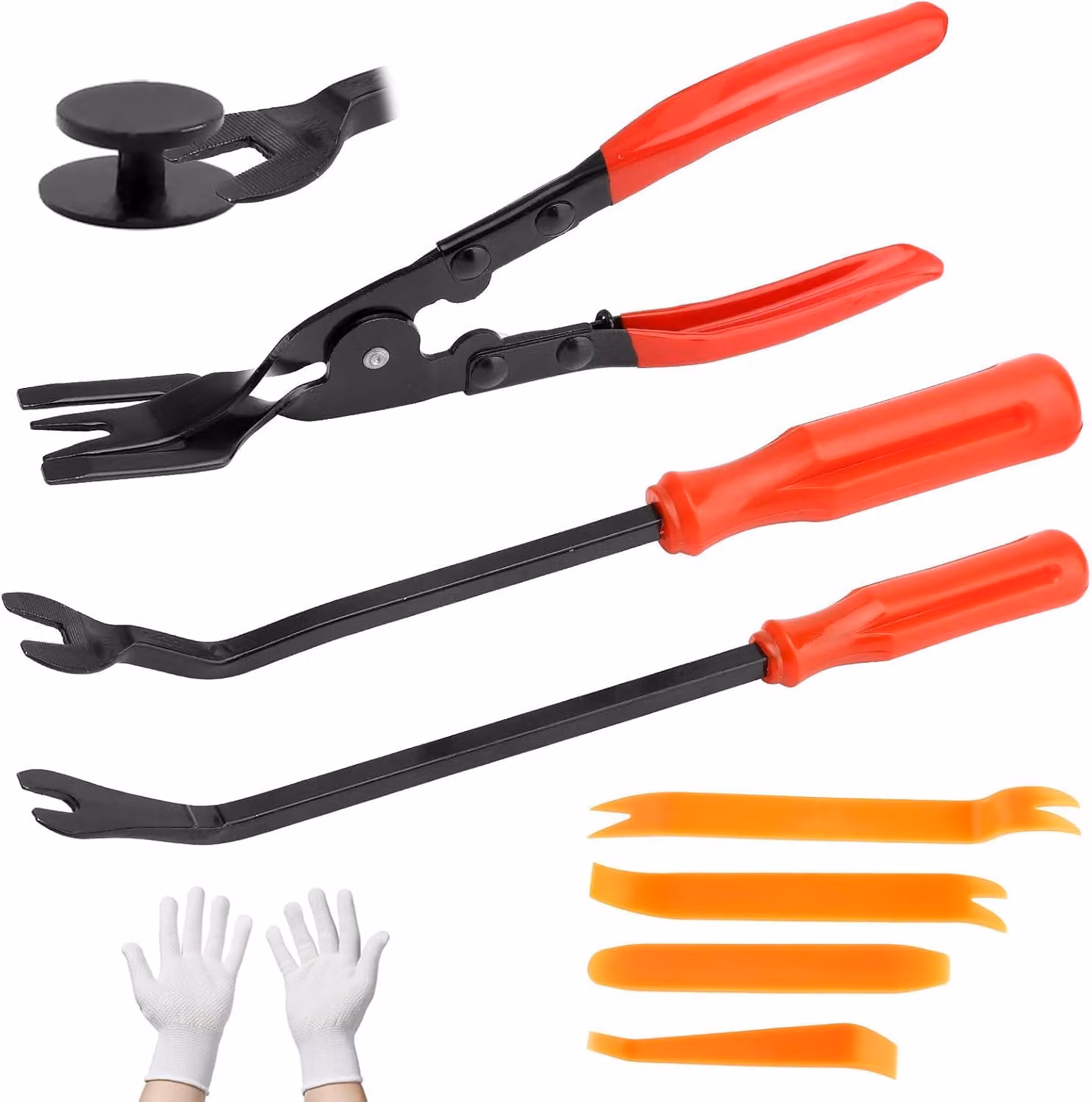 Kit di riparazione auto, composto da 7 pezzi, con utensili in plastica, guanti e custodia per il trasporto, adatto per riparazioni interne e