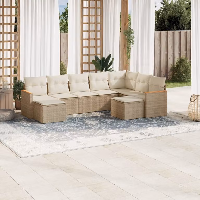 vidaXL Set Divano da Giardino a L 9 pz con Cuscini Beige e Ottoman in Polyrattan e Metallo
