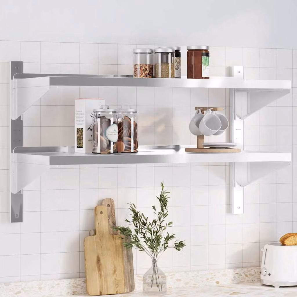 vidaXL Mensola da muro con 2 ripiani in metallo argento opaco L 100 cm x P 40 cm x H 60 cm