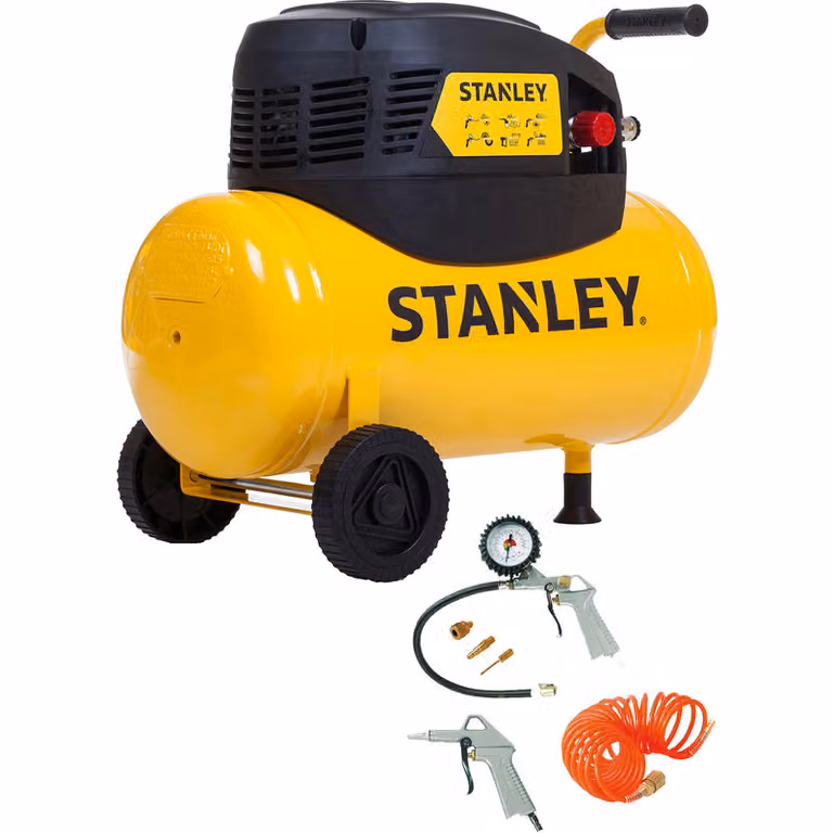 Compressore Stanley D200/8/24, completo di 6 accessori: compressore d'aria da 8 bar, capacità 24 litri, include pistola ad aria, gonfiatore, tubo a spirale da 5 metri e 3 accessori - colore giallo