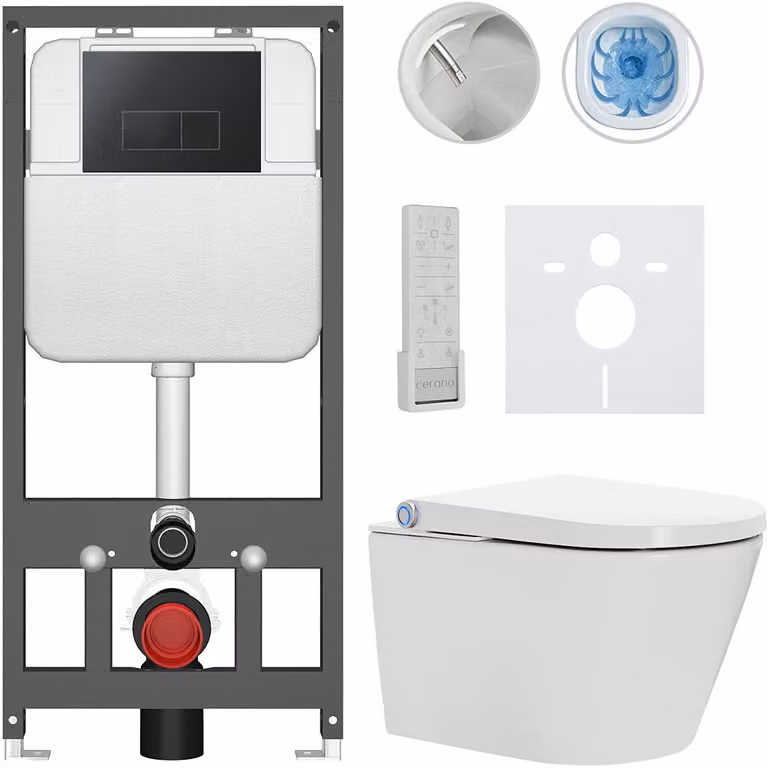 WC sospeso con bidet Basic/Cronus Premium - bianco lucido - pulsante WC Modulo/Nero - sospeso - installazione a parete - 59,3x38,4 cm