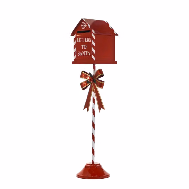 Cassetta Postale Natalizia VESTIAMO CASA in metallo Rossa e Bianca con decorazioni a strisce, modello vintage, Altezza: 115 cm