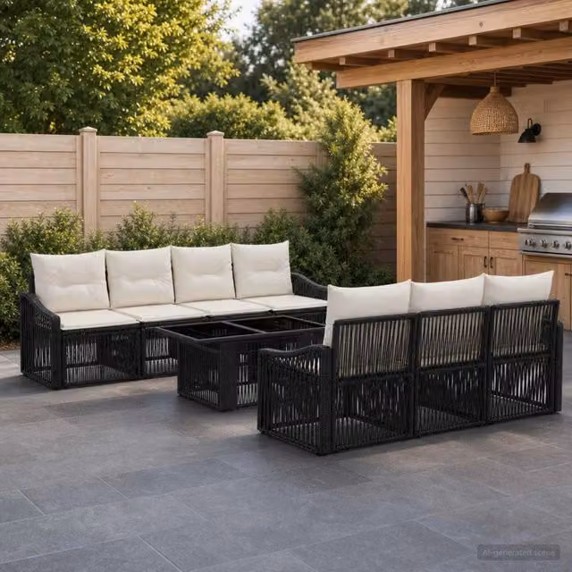 Set Divano da Giardino 8 Pezzi vidaXL in Polyrattan Nero e Bianco Crema con Cuscini e Tavolino da Esterno