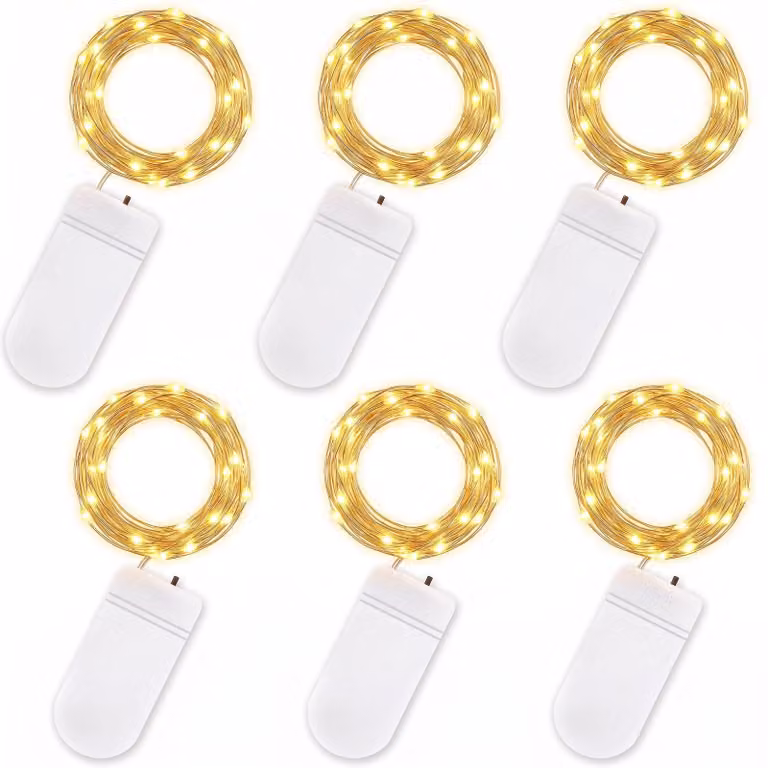Catena luminosa, set da 6 luci, lunghezza 2 metri, alimentazione a batteria, luce bianco caldo