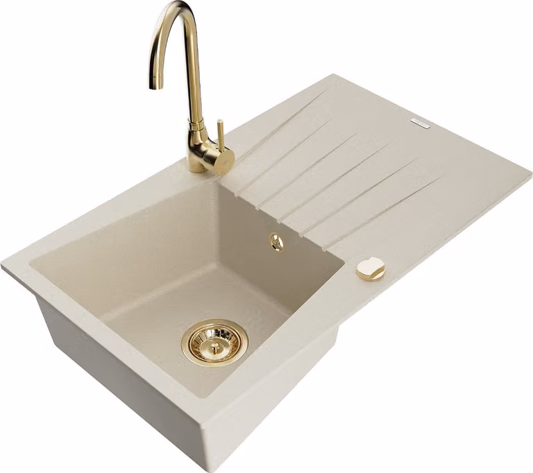 Mexen Cesar lavello da cucina in granito a 1 vasca con scolapiatti e rubinetto Telma, beige - 6514-69-670200-50