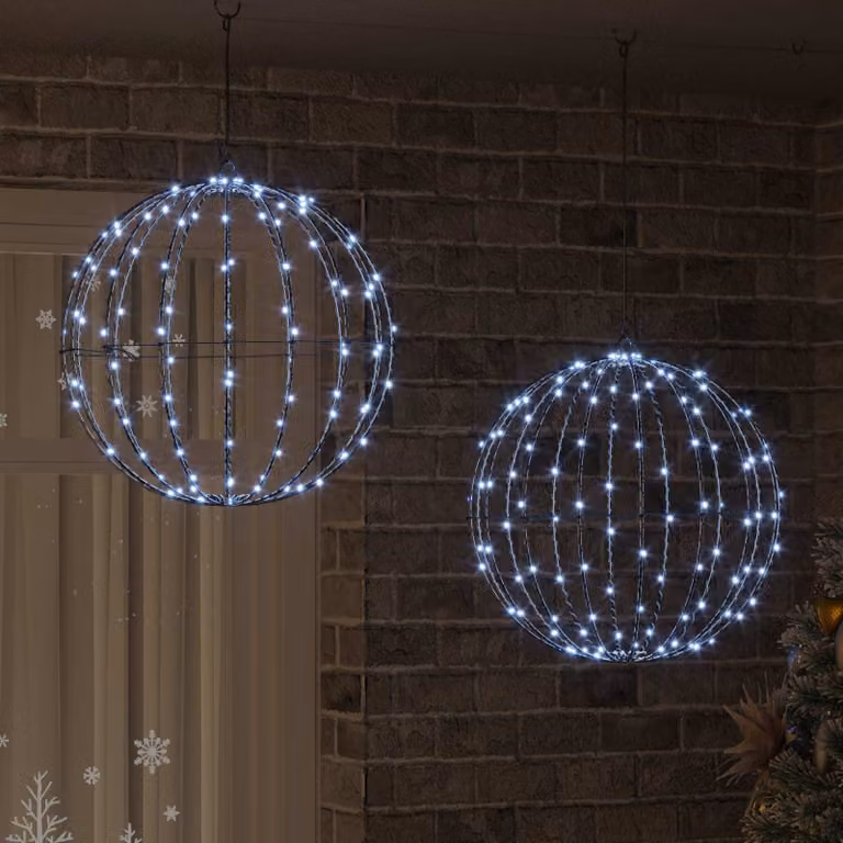 Set di 2 sfere decorative vidaXL in metallo bianco con 320 LED luce bianco freddo e telecomando, L/P/H: 50 x 50 x 52 cm