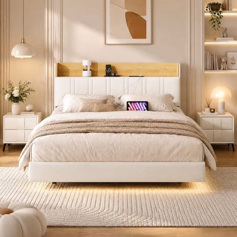 Letto imbottito INONEFT, 140x190 cm, con LED, letto per ragazzi con spazio contenitivo nella testiera e funzione di ricarica USB, struttura letto sospesa con rete a doghe, colore bianco