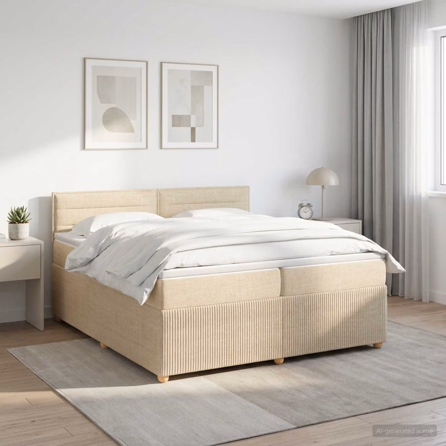 Letto box spring vidaXL con materasso a molle insacchettate in tessuto beige e bianco, L/P: 200 x 200 cm