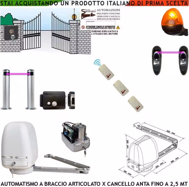 Automatismo Cancello Kit Motore a Braccio Articolato 220/24 V Anta da 0,5 a 2,5 MT Elettroserratura Selettore Faro 2 Paline 2 Fotocellule 3 Radiocomandi