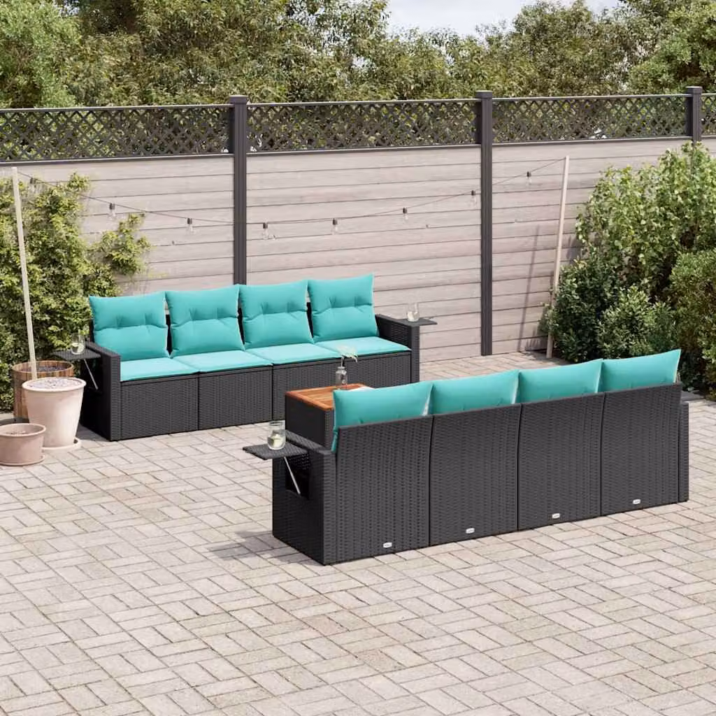 Set Divani da Giardino vidaXL 9 pz in Polyrattan Nero con Cuscini e Tavolino da Esterno