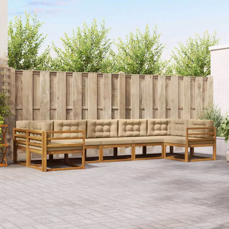 vidaXL Set di divani da esterno a L in legno di acacia con cuscini, Beige e Marrone