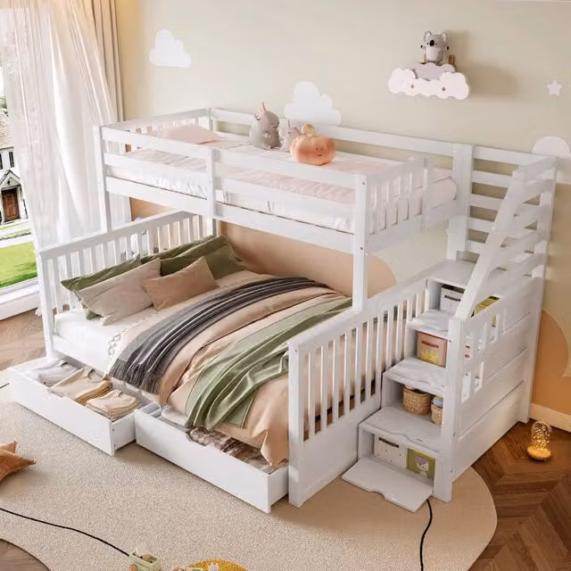 Letto a castello 90 × 200 cm e 140 × 200 cm, cassetti, scaletta laterale, senza materasso, pino bianco