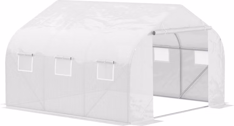 Serra tunnel Moonbite, dimensioni 445 x 300 x 205 cm, serra per pomodori accessibile, con 6 finestre in rete apribili, telo rinforzato, trasmissione della luce dell'85%, metallo, colore bianco