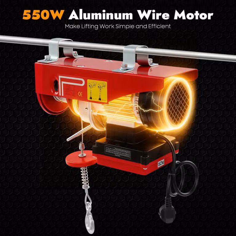 Avvolgitori elettrici a fune - Argano elettrico - 550 W, 220 V - Telecomando wireless - Altezza di sollevamento: 12 m / 6 m - 2 cinghie di sollevamento - Colore: rosso