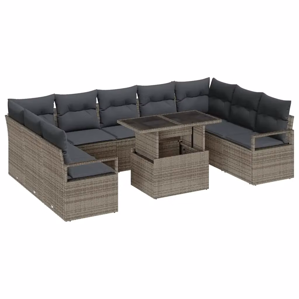 Set Divano da Giardino vidaXL 10 Pezzi in Polyrattan Grigio con Cuscini e Tavolino da Esterno – 2