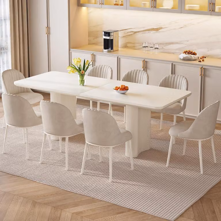 Tavolo da pranzo rettangolare da 200 cm con 8 sedie, colore crema, angoli arrotondati, struttura robusta