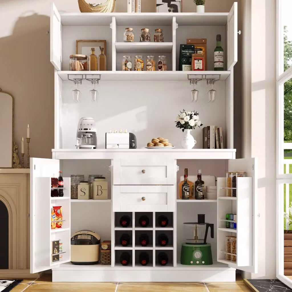 Mobile dispensa moderna in MDF bianco con 4 ante, ripiani regolabili, portabottiglie e portabicchieri L/P/H: 120 x 40 x 188 cm – 2