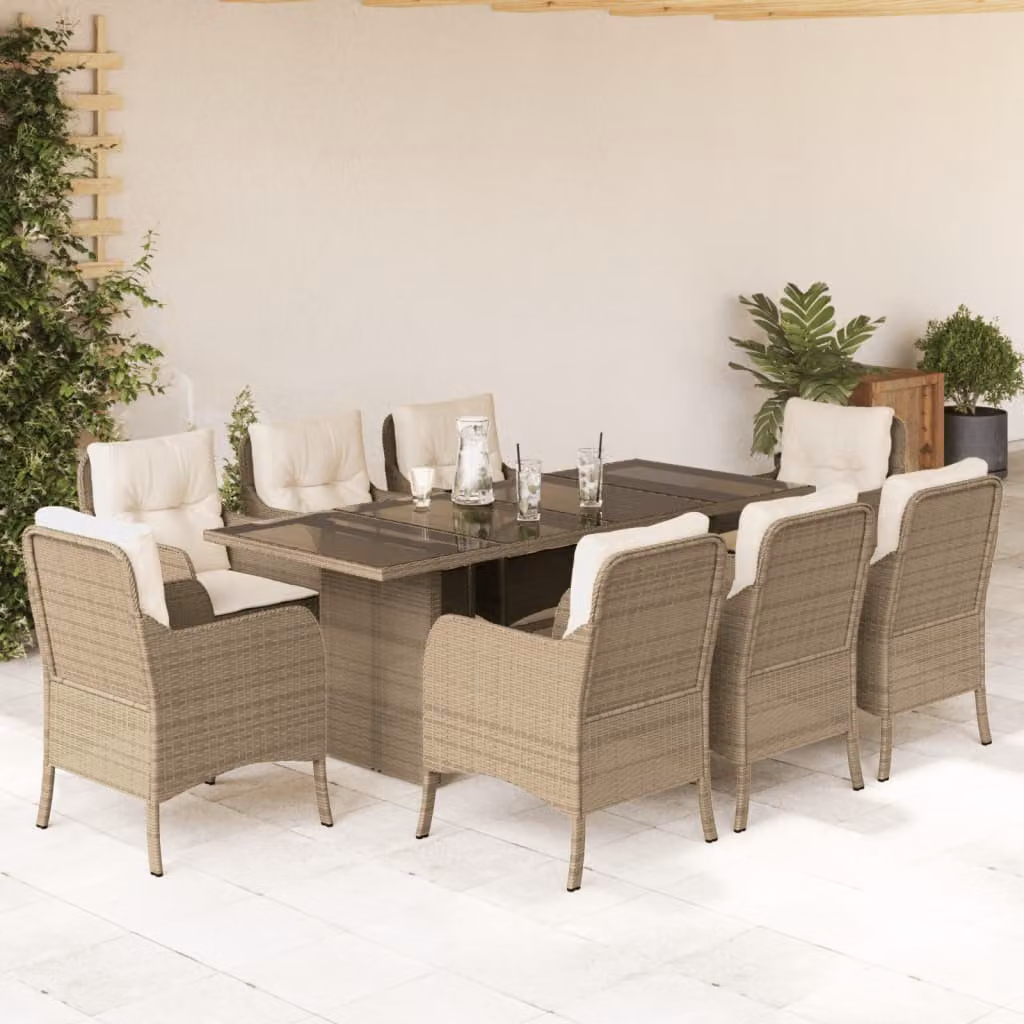 Set da Pranzo da Giardino vidaXL in Polyrattan con Cuscini Beige e Piano in Vetro, 9 Pezzi – 1