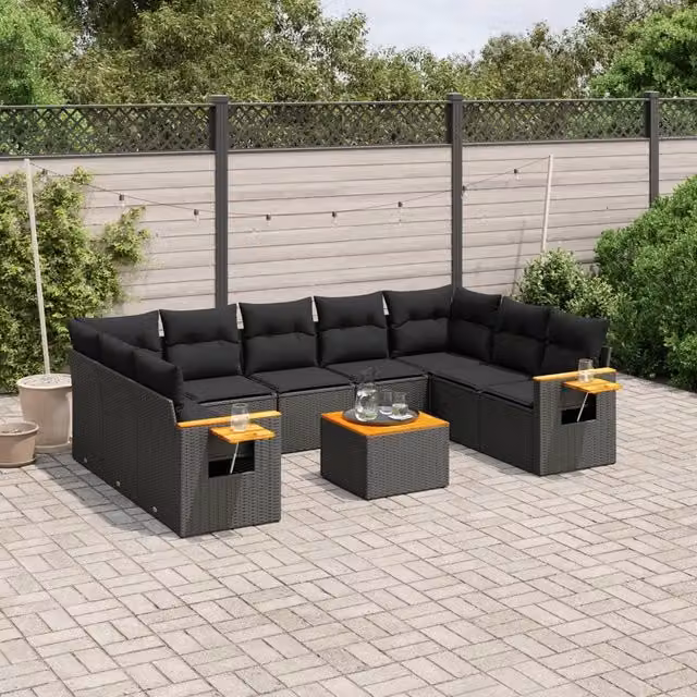 Set Divani da Giardino 10pz con Cuscini in Polyrattan Nero 3227119