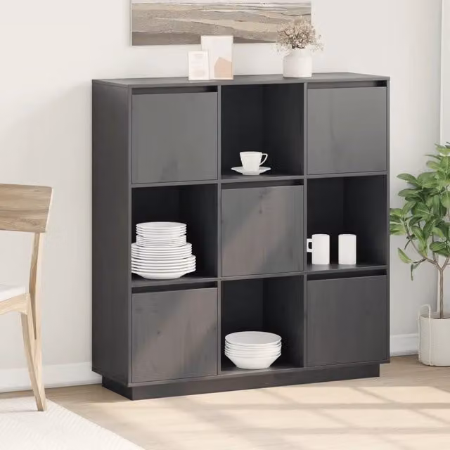 Credenza Moderna MercatoXL in Legno Massello di Pino Grigio L: 110,5 cm, P: 35 cm, H: 117 cm