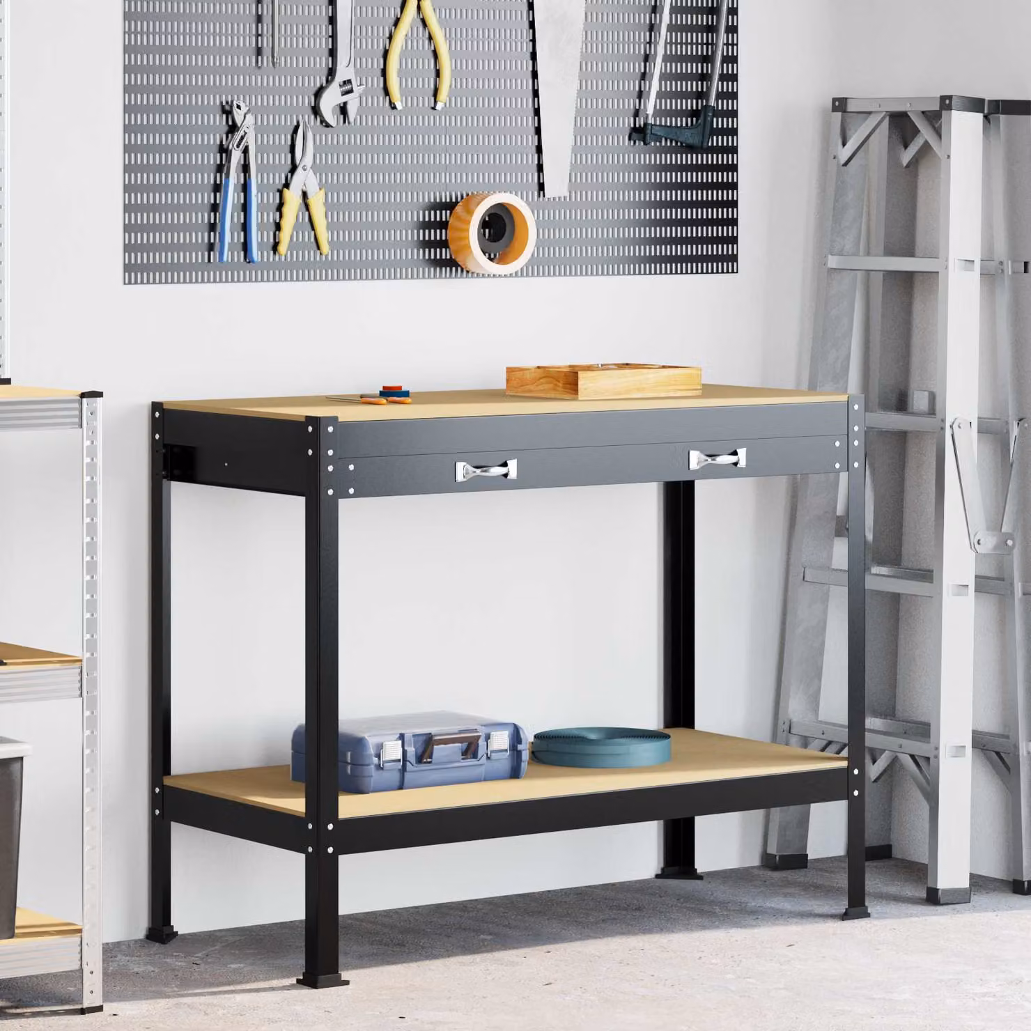 vidaXL Banco da lavoro con cassetto e pannello forato Nero L: 114 cm, P: 54 cm, H: 91 cm