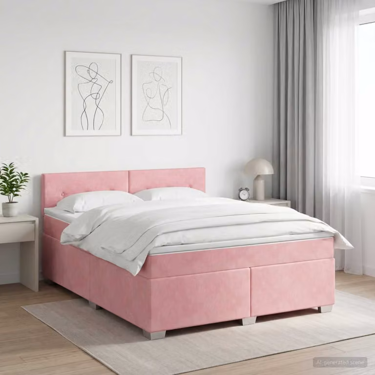 Letto box spring con materasso vidaXL in velluto rosa e bianco, L/P: 140 x 190 cm