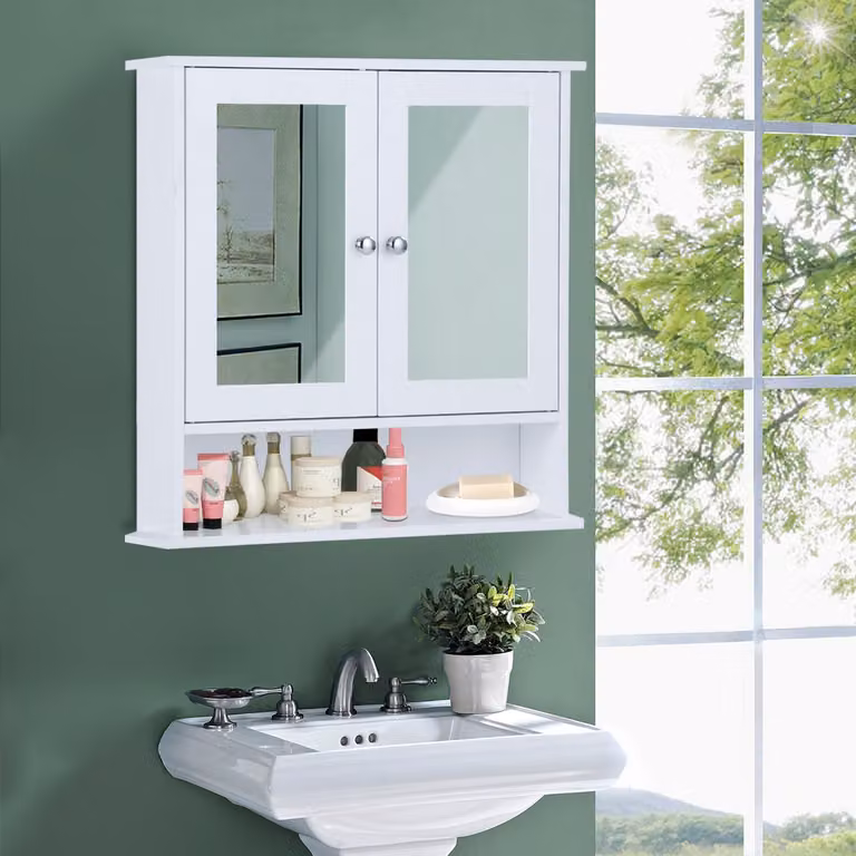 Armadietto da bagno con specchio Costway a parete con doppia anta e 3 ripiani, Bianco, L: 56,5 cm, P: 13,5 cm, H: 58,5 cm