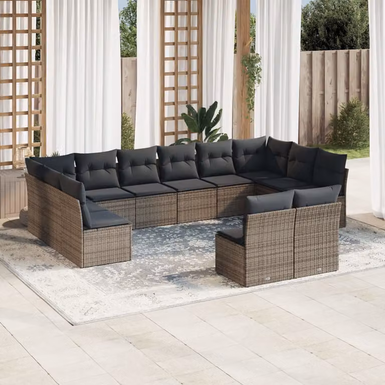 Set di divani da giardino vidaXL a forma di U composto da 12 pezzi con cuscini grigi in polyrattan e struttura in metallo