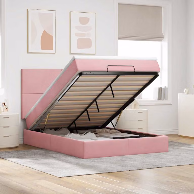 vidaXL Letto con Contenitore e Pouf in Velluto Rosa e Bianco, L/P/H: 200 x 140 x 128 cm con Porte USB e Illuminazione Sotto il Letto
