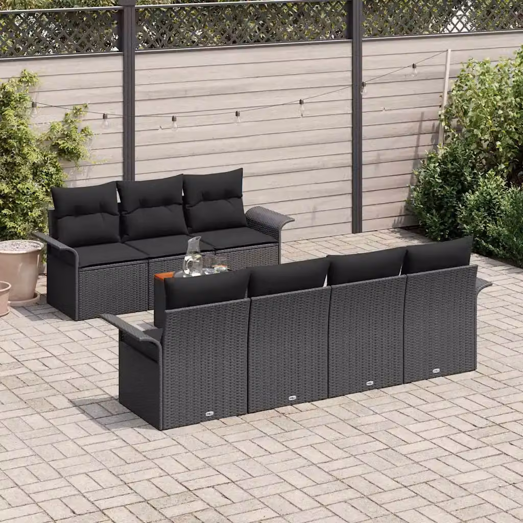 Set Divano da Giardino vidaXL 8 Pezzi con Cuscini e Contenitore Nero in Polyrattan e Acciaio