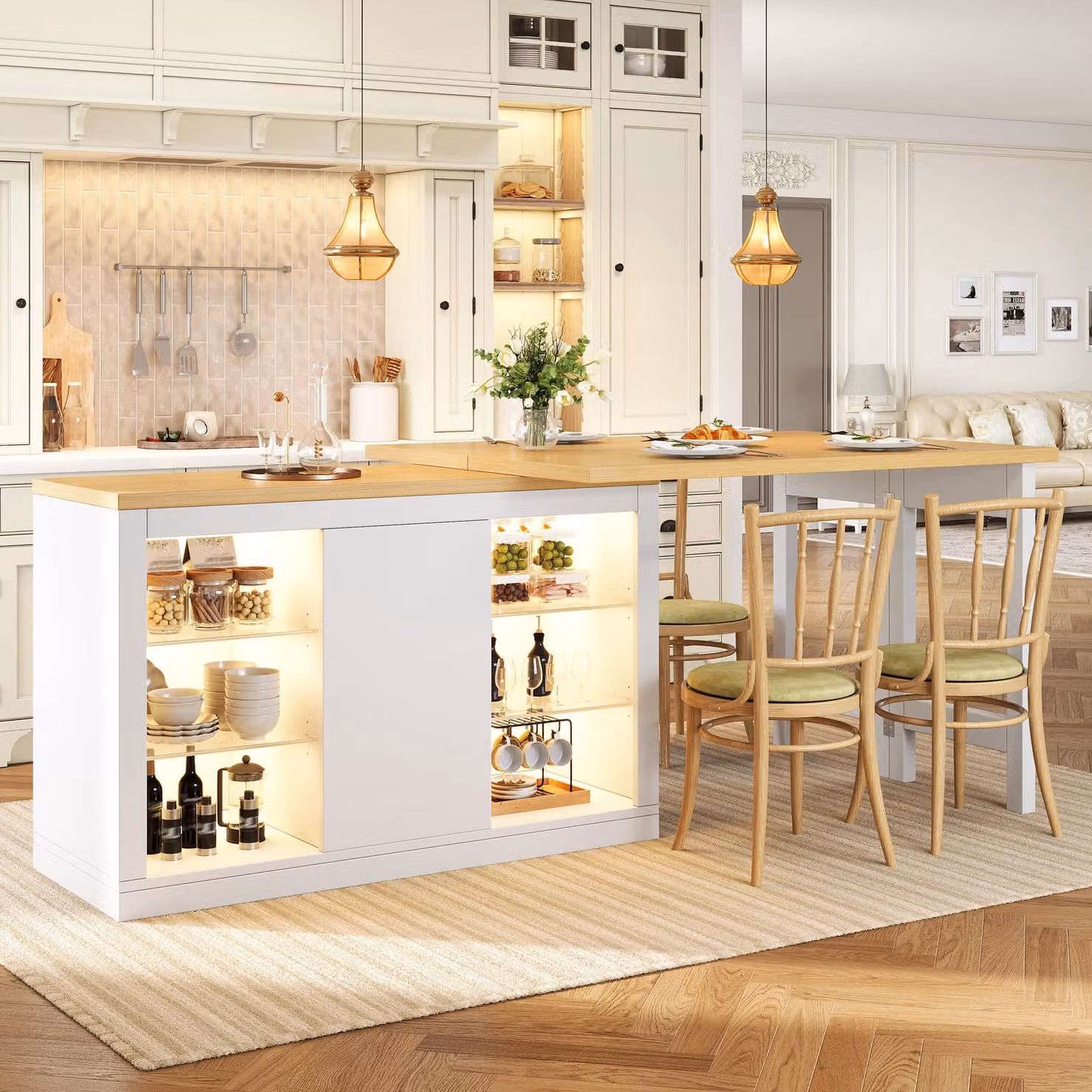 Tavolo da pranzo allungabile Flieks con LED RGB controllabili tramite app, ruotabile a 360°, tavolo da cucina con ante magnetiche e ripiani in vetro, 120-197 x 40 x 72 cm, bianco