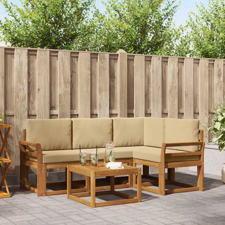 Set di divani da esterno vidaXL a forma di L in legno di acacia con cuscini, colore beige e sabbia