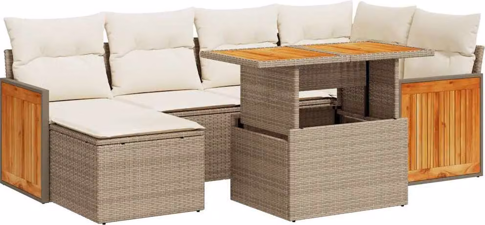 Set Divani da Giardino 7 pz con Cuscini Beige Polyrattan Acacia