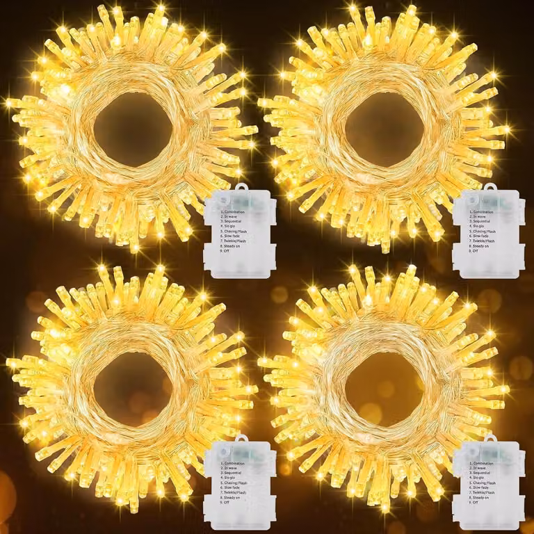 Set di 4 catene luminose a LED, lunghezza 7 metri, 70 LED, con timer, 8 modalità, luce bianco caldo