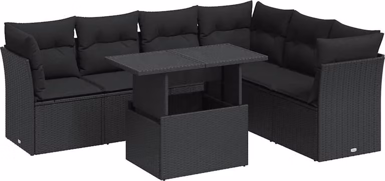 Set Divani da Giardino con Cuscini 7pz Nero Polyrattan