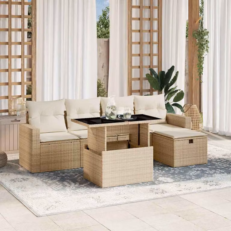 Set Divano da Giardino vidaXL 6 pz in Polyrattan Beige con Cuscini e Tavolino