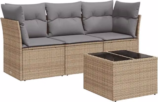 Set Divano da Giardino 4 pz | Set Salotto da Giardino con Cuscini Beige in Polyrattan