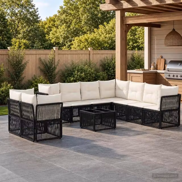 Set Divano da Giardino a L con Tavolino vidaXL, 10 Pezzi, Nero, Polyrattan e Metallo con Cuscini Inclusi – 1