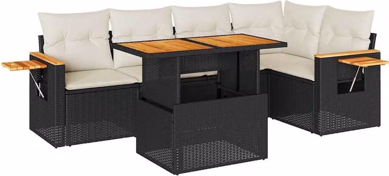 Set Divano da Giardino 6 pz con Cuscini Nero Polyrattan Acacia