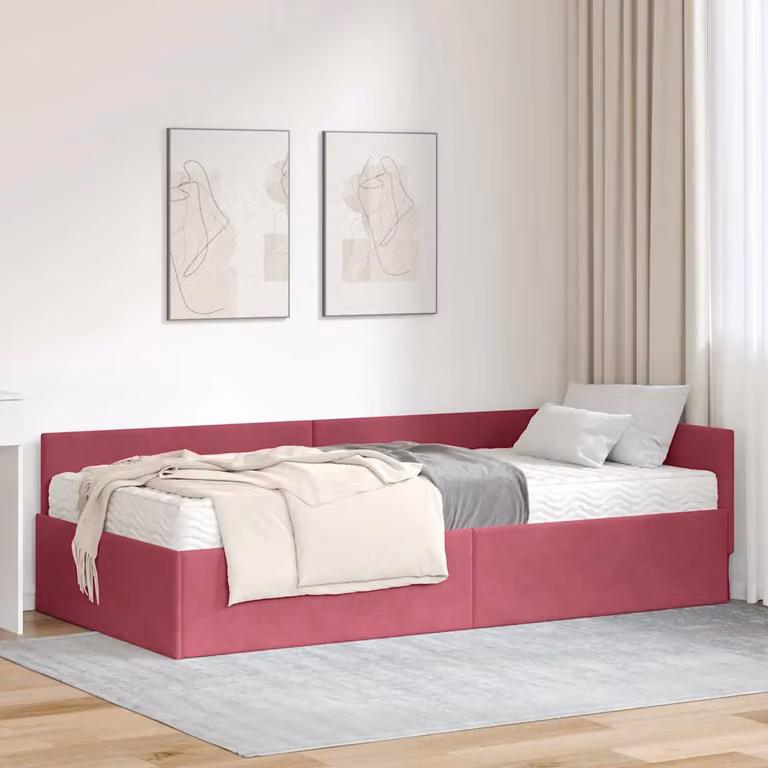 vidaXL Letto Angolare Moderno con 2 Materassi in Schiuma, Rivestimento in Velluto Rosso