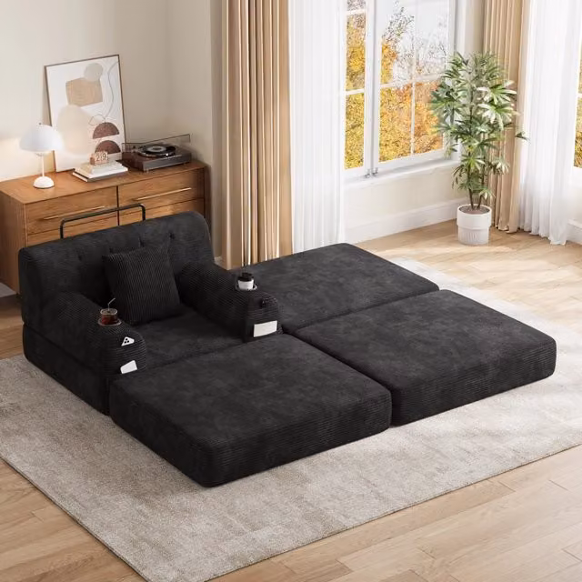 Letto a sedile convertibile 1 con pouf; schienale alto; porta tazza 2 e tasche laterali 4; velluto a coste; nior