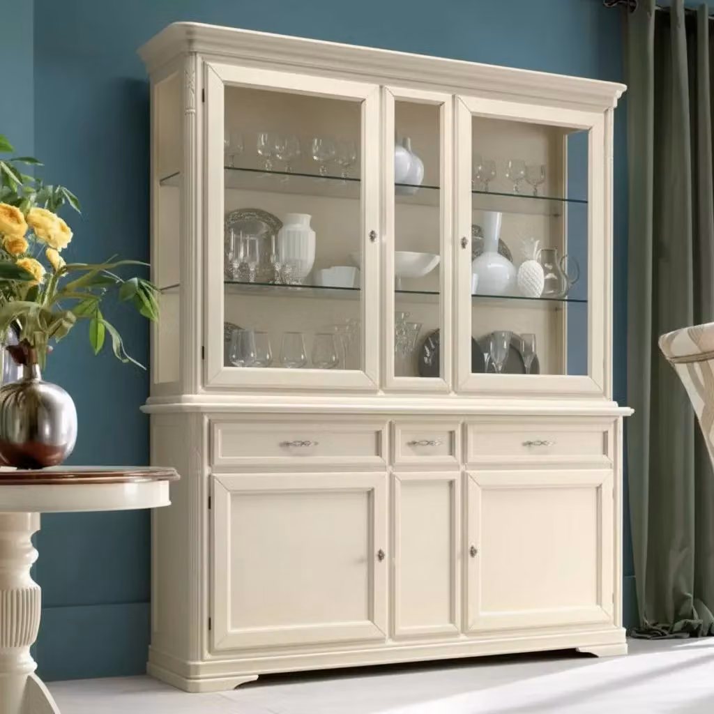 Cristalliera shabby chic in legno massello con 4 ante in vetro e 3 cassetti beige opaco Mobili 2G L/P/H: 180 x 50 x 220 cm – 2
