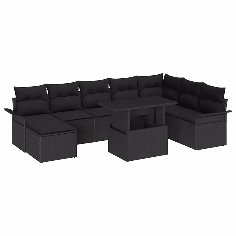 Set Divano da Giardino Moderno vidaXL a Forma di L in Acciaio Verniciato Nero con 9 Pezzi e Contenitore per Cuscini