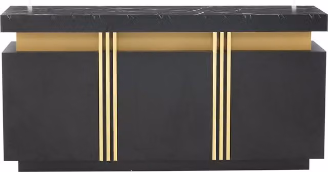 Madia moderna in MDF con dettagli oro, colore nero opaco, L 140 cm x P 38 cm x H 70 cm