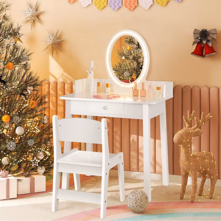 Set da trucco per bambini Costway con specchio a LED e sedia, Tavolo da trucco moderno bianco per cameretta