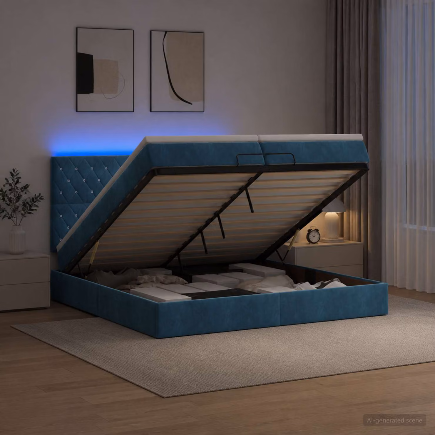Letto Ottomano vidaXL con Materasso Ibrido e Illuminazione LED Blu e Bianco L/P/H: 200 x 200 x 88 cm